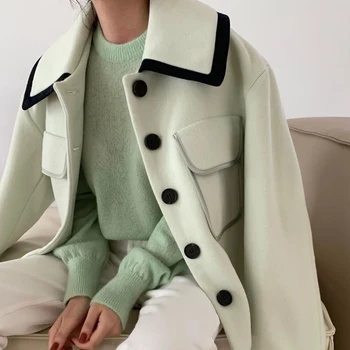 Осенне-зимнее Зеленое Короткое шерстяное пальто, Женское лоскутное Однобортное шерстяное пальто, женское однотонное