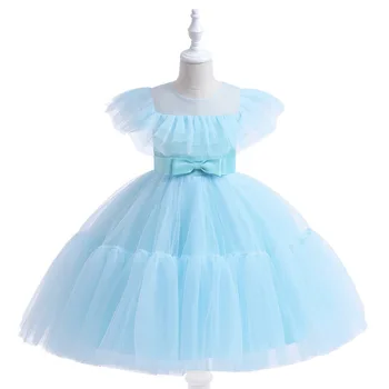 Небесно-голубые Детские платья Подружек невесты с короткими рукавами-колпачками для девочек 4-7 лет, Бальное платье Принцессы, Тюлевая пачка, Вечернее торжественное Свадебное платье
