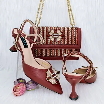 Высококачественные женские туфли-лодочки и сумка с красными стразами из высококачественных материалов для нигерийской свадебной вечеринки 38-43
