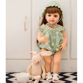 55 см 22 дюйма Реалистичная Возрожденная Кукла для Маленьких Девочек Мягкие Силиконовые Длинные Каштановые Волосы Реалистичная Принцесса Малышка Нана Подарок На День Рождения