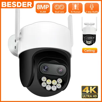 BESDER 8MP 4k Двухобъективная PTZ IP-камера WiFi 8-Кратный Цифровой Зум Ai Human Detect 4-Мегапиксельная Беспроводная Наружная Камера видеонаблюдения