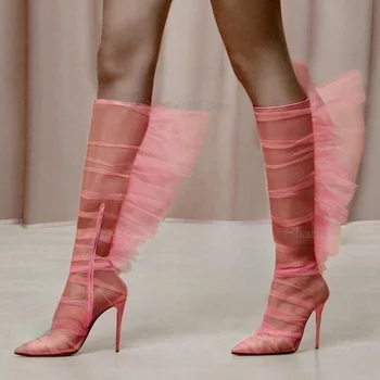 Пикантные женские Ботинки из прозрачной сетки; коллекция 2023 года; Модные Зимние Ботинки для стриптиза на молнии; цвет Розовый, черный; 2023; Zapatos Para Mujere