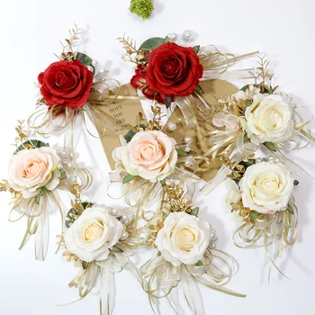 Винтажные Раскаты, Кружевная Свадебная Бутоньерка для Гостей, Разноцветный Шелковый Корсаж с Розами, Браслет из Искусственных цветов, свадебные принадлежности