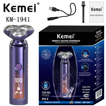 Электробритва с ЖК-дисплеем, заряжающаяся через USB, Kemei KM-1941 Level 6, Водонепроницаемая мужская бритва для лица, Электробритва с тройным вращением