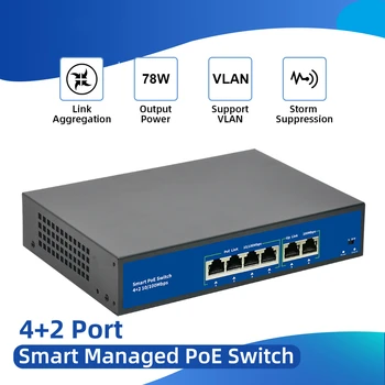 Коммутатор POE с 4 + 2 Портами 100 Мбит/с С Подсветкой камеры VLAN, 6-портовый коммутатор POE, коммутатор PoE Ethernet, коммутатор PoE 52V