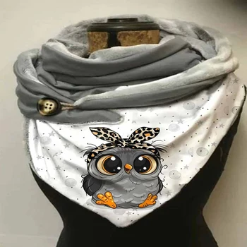 Шарф с милым рисунком Совы и пуговицами с 3D принтом, Теплый флисовый повседневный шарф и шаль для женщин