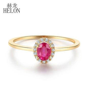 HELON Solid 18K AU750 Кольцо Из желтого золота Овальной Формы 4,5x3,5 мм 0.4ct с рубиновыми бриллиантами, Свадебное Обручальное кольцо Для женщин, Модные ювелирные изделия