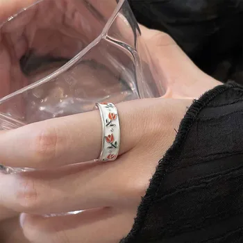 Винтажные кольца с эмалевым цветком Тюльпана для женщин, модные простые кольца с регулируемым открыванием, вечерние украшения для прополки