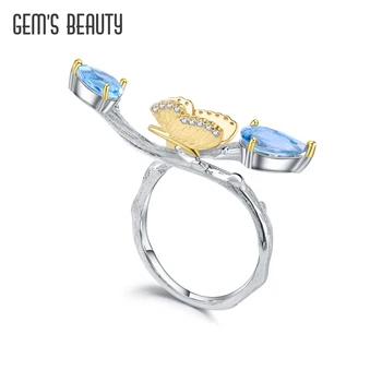 ДРАГОЦЕННАЯ КРАСОТА, бабочка на ветке, кольцо с натуральным швейцарским голубым топазом, коктейльное кольцо из стерлингового серебра 925 пробы, Изысканные ювелирные изделия для женщин